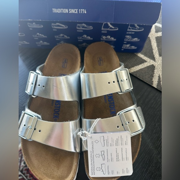 Birkenstock Shoes - Birkenstock  Metallic Silver Sandals Arizona Soft Footbed Slide Sandal